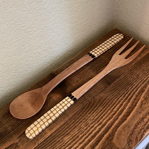 Artisan-made in Portugal Wooden Serving Spoon and Fork, hand-painted, ~14” - Picture 4 of 9